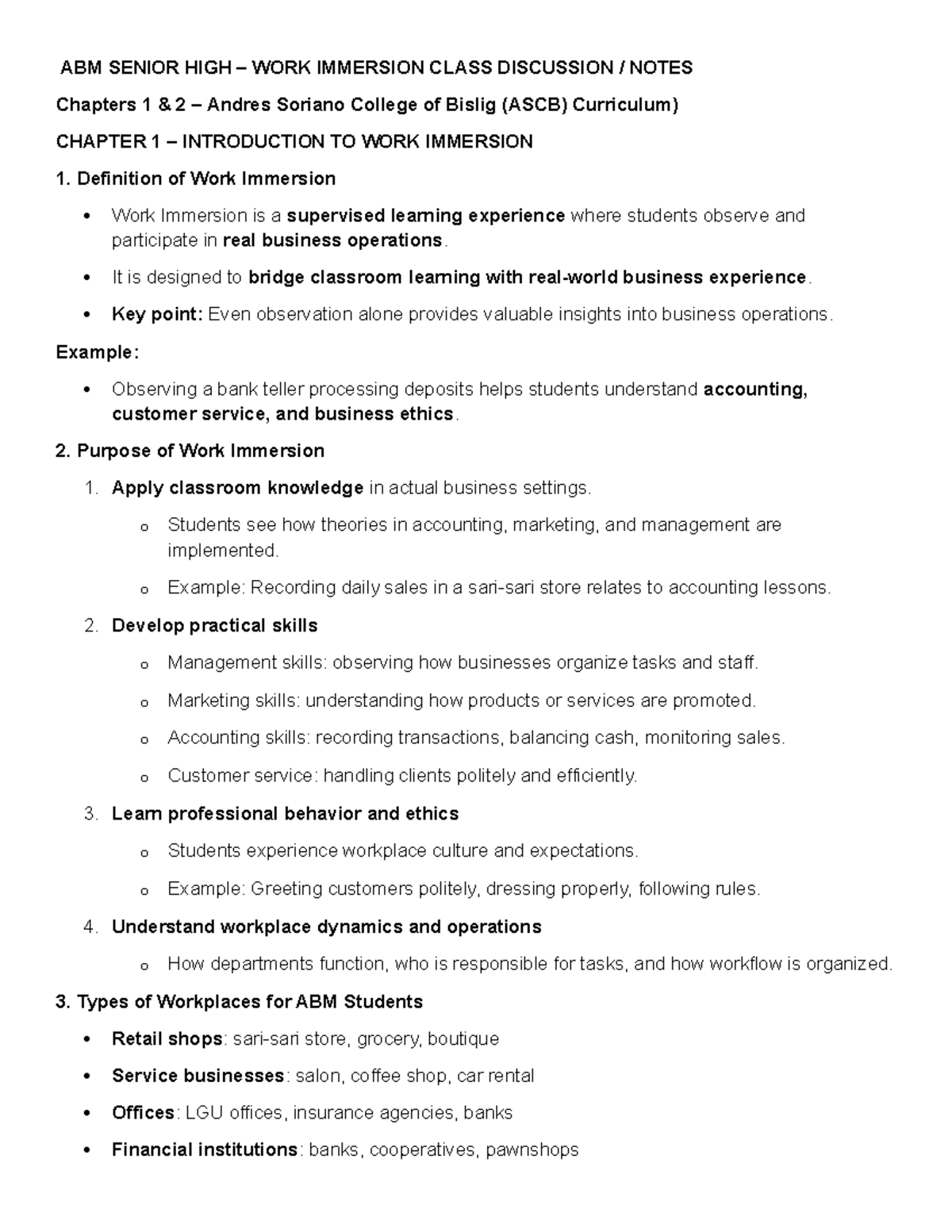 ABM SENIOR HIGH WORK IMMERSION DISCUSSION NOTES CH 1 & 2 - Studocu