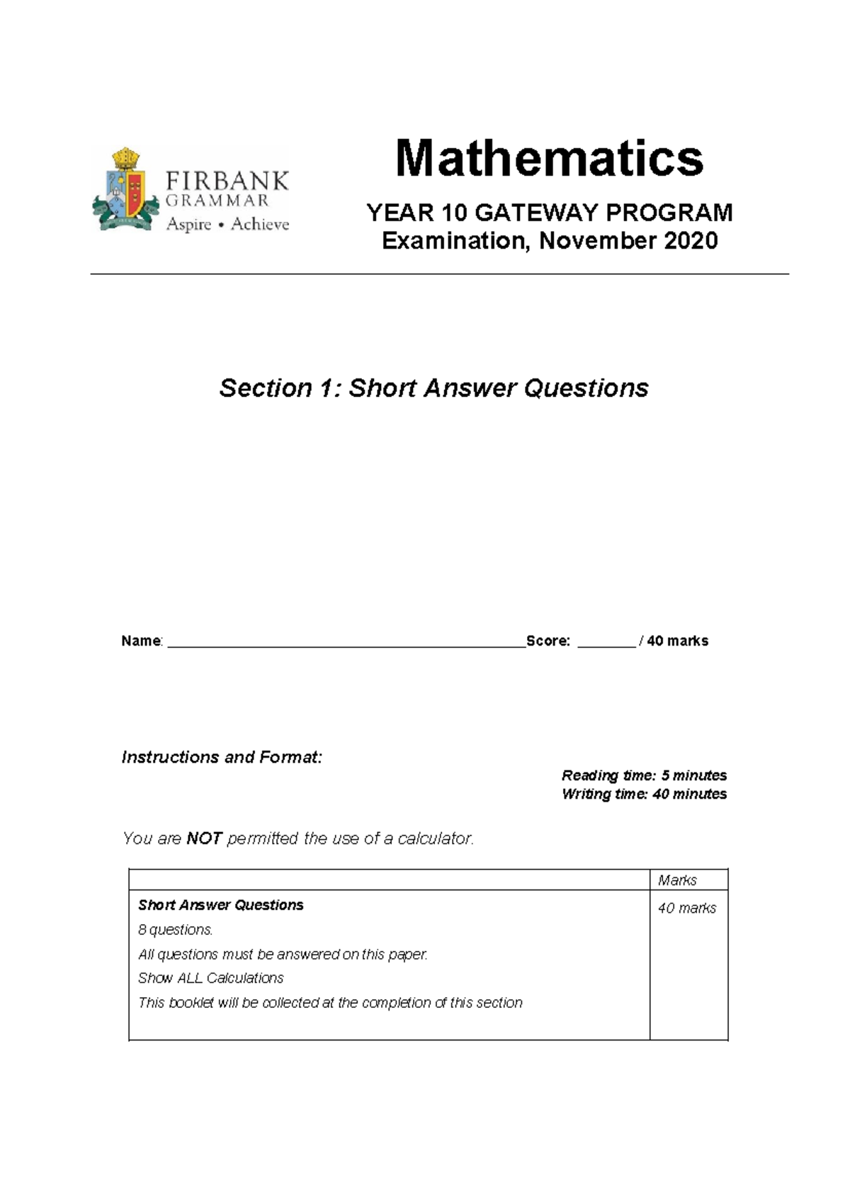 Gateway Exam Short Answer 2020 - Mathematics YEAR 10 GATEWAY PROGRAM ...