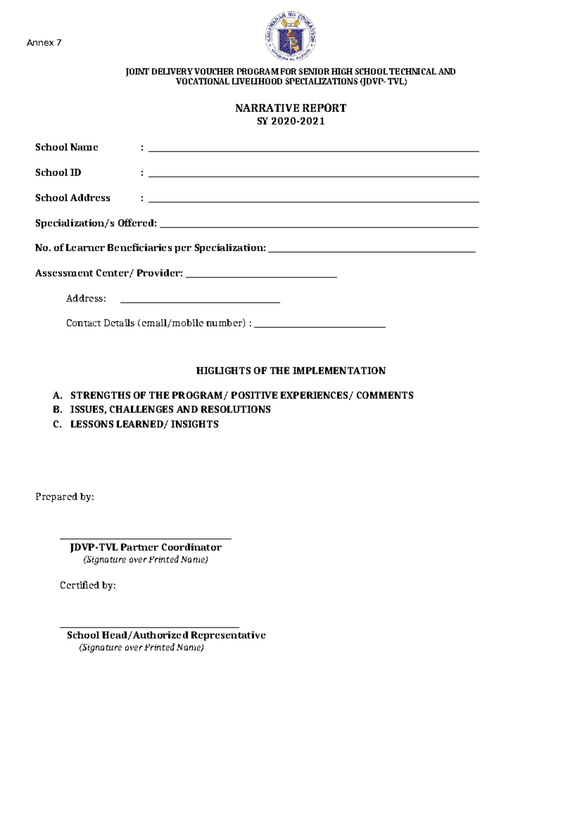 Annex 7 JDVP TVL Narrative 01212020 - Annex 7 JOINT DELIVERY VOUCHER ...