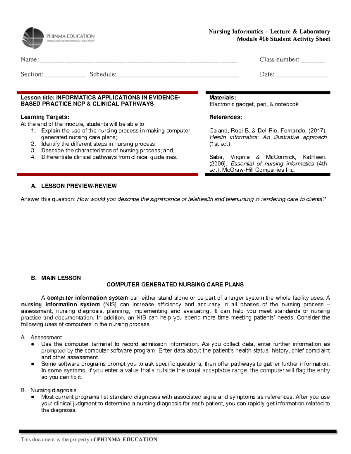 Informatics in nursing - Module #16 Student Activity Sheet Name: - Studocu