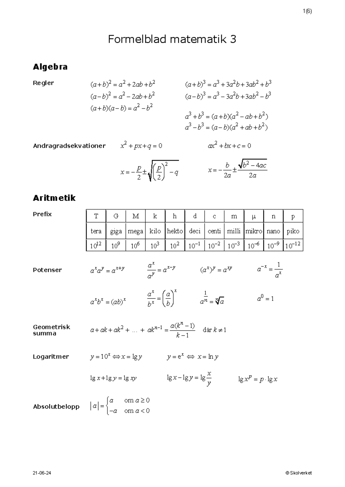 Formelblad matematik 3 - .. där 1 1 n n a k a ak ak ak k k − − ...
