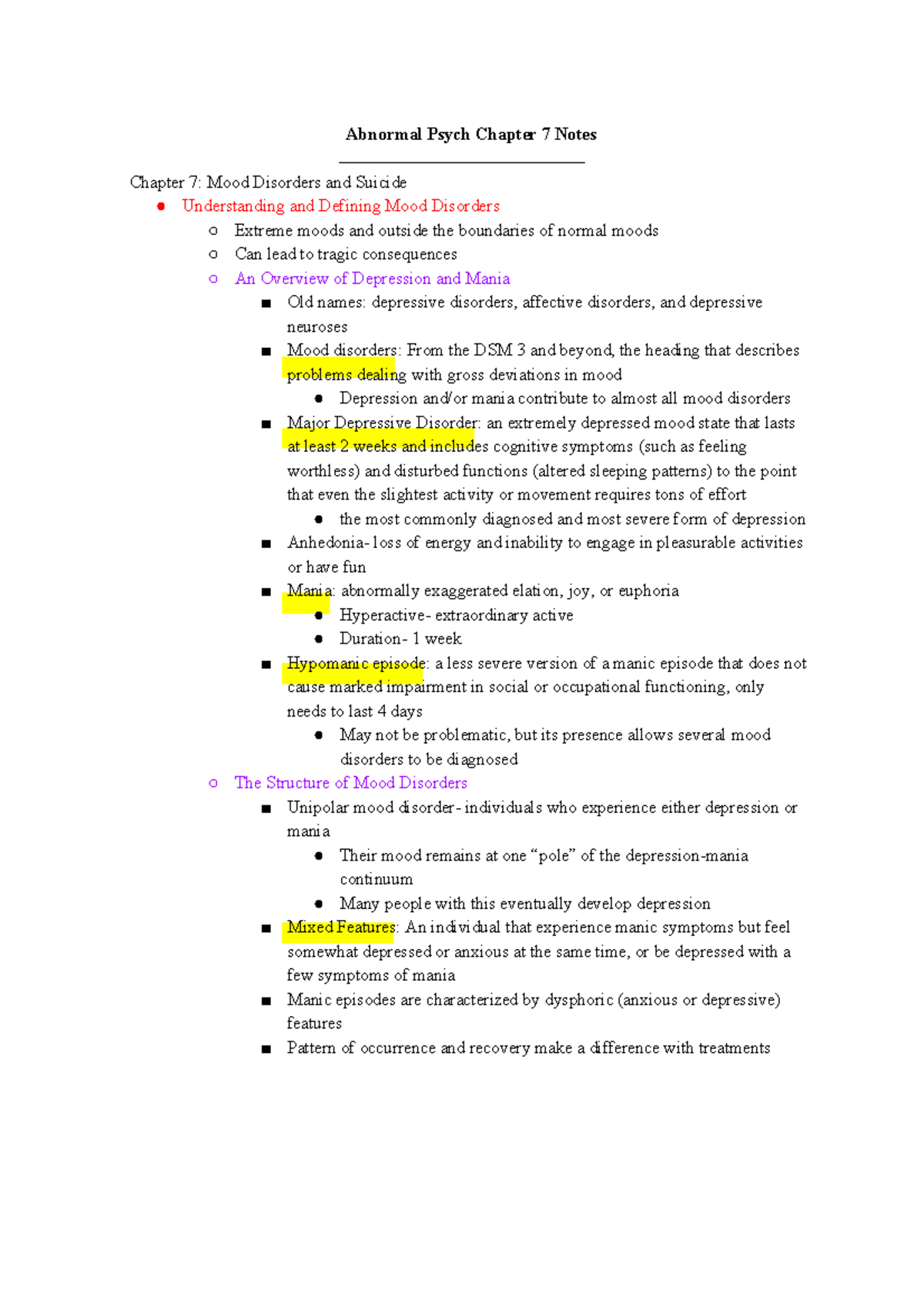 Abnormal Psych CH 7 Notes: Mood Disorders & Suicide Analysis - Studocu