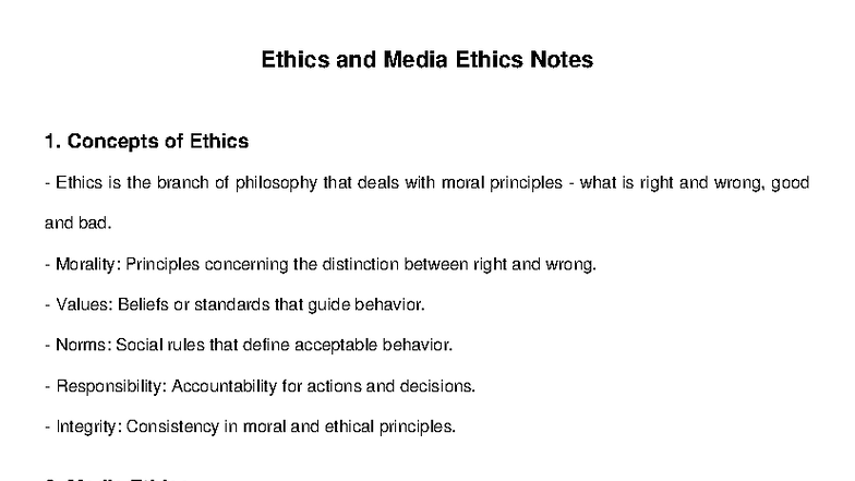 Ethics and Media Ethics Notes: Key Concepts and Principles - Studocu