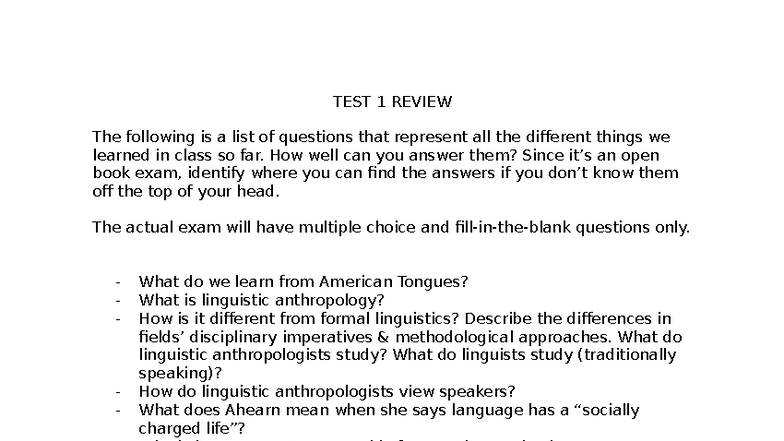 ANTH 101 TEST 1 REVIEW: Key Concepts and Questions - Studocu