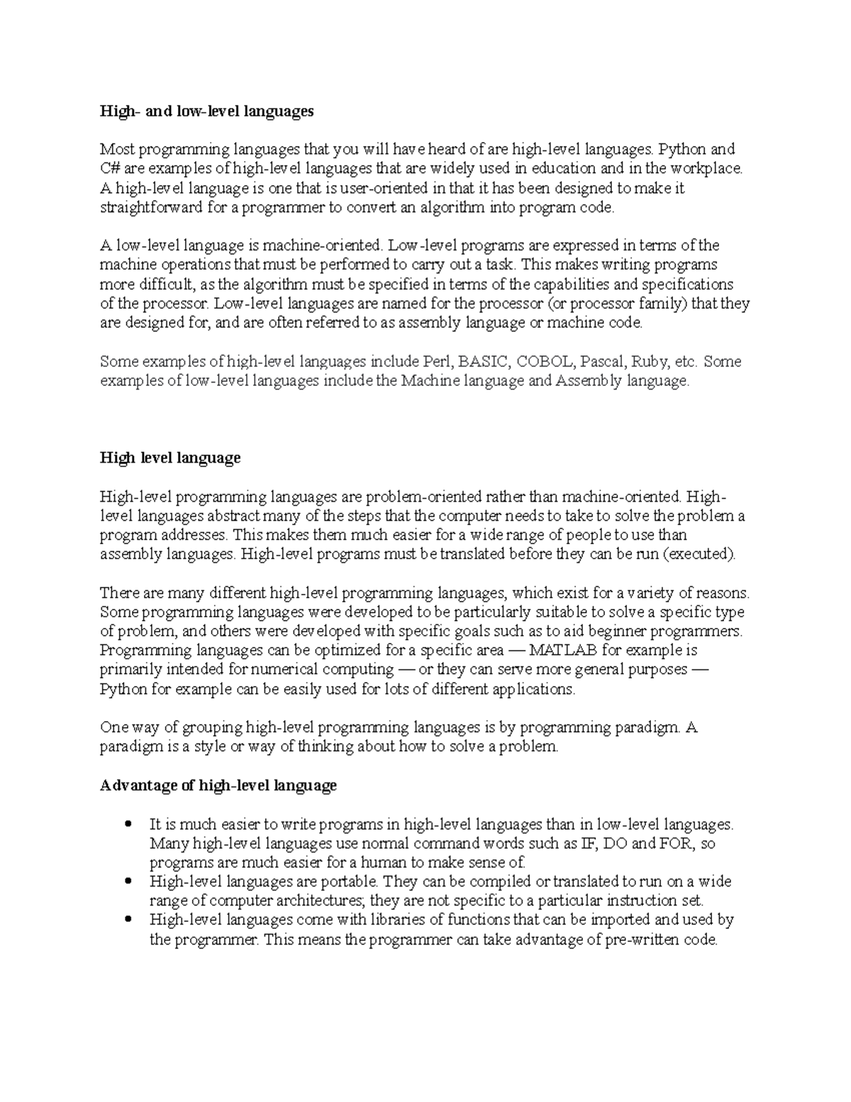IT Assignment 1: High-Level and Low-Level Languages Overview - Studocu