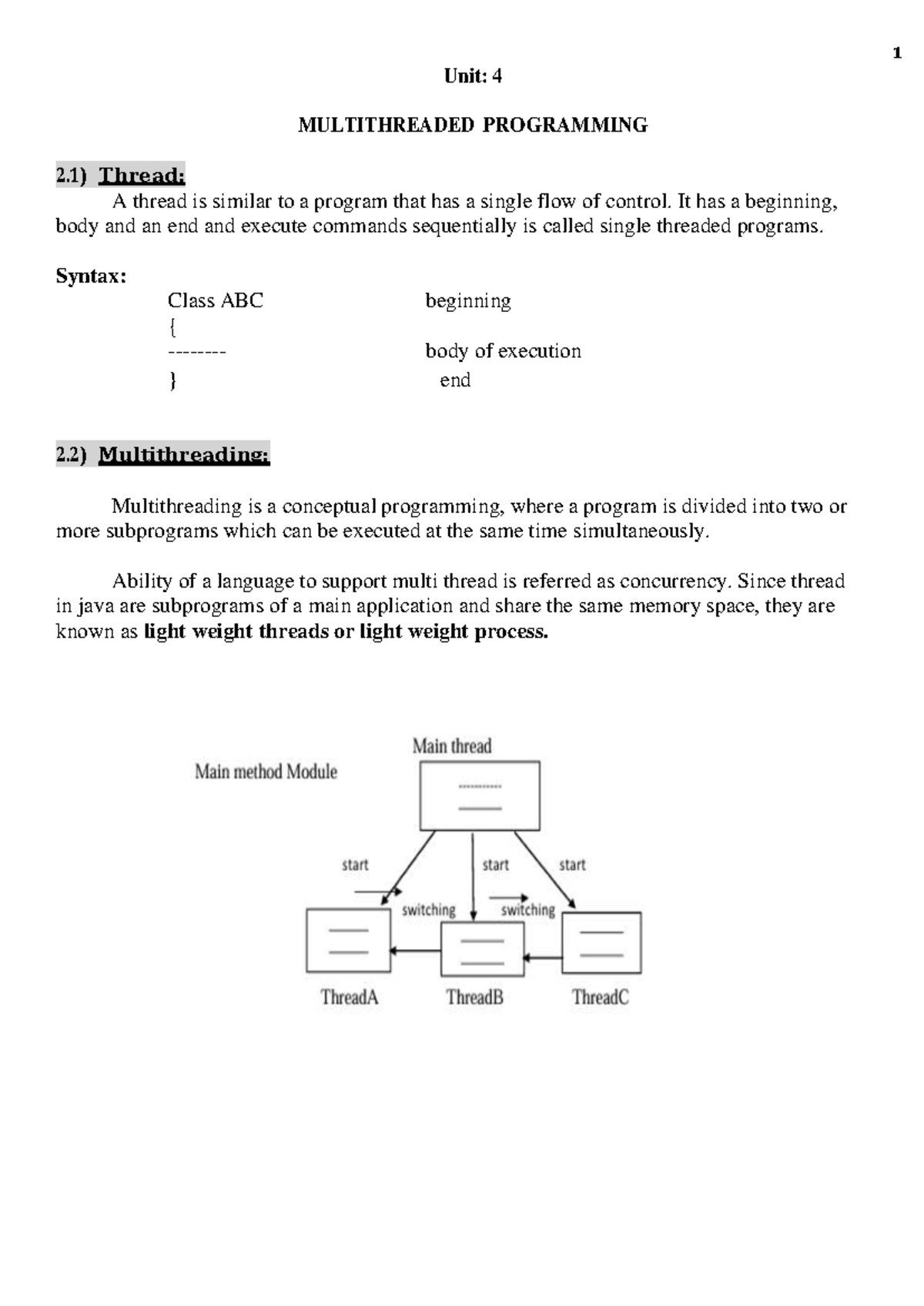 Java unit 4 pdf - notes - 1 Unit: 4 MULTITHREADED PROGRAMMING 2) Thread ...