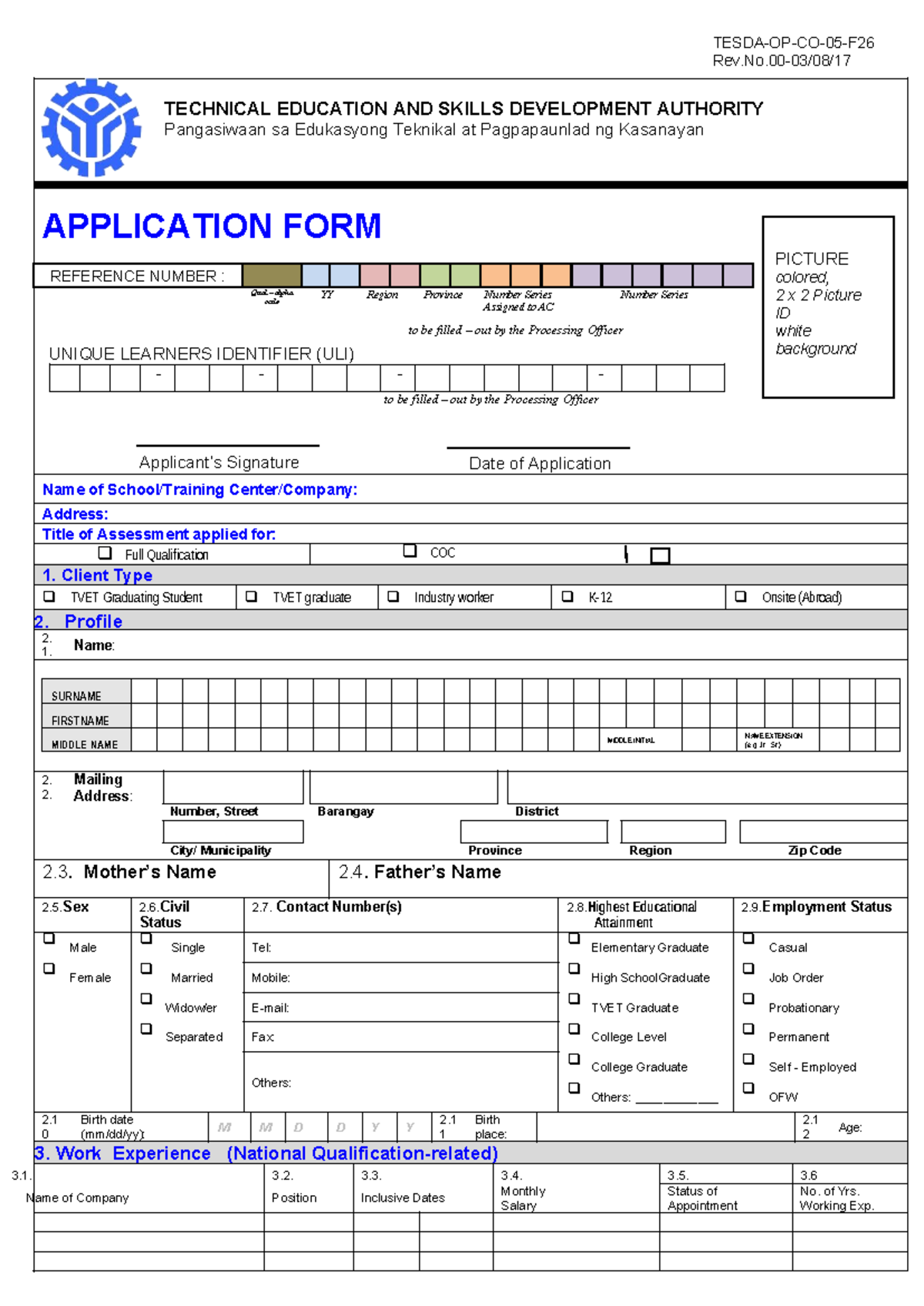 Application Form for COC Assessment - TESDA ULI Reference - Studocu