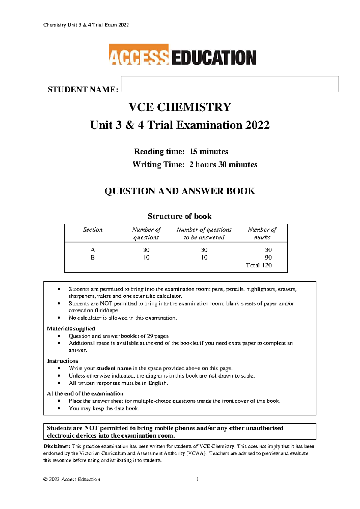 VCE Chemistry Unit 3 4 Trial Exam 2022 - Practice Questions and Answers ...