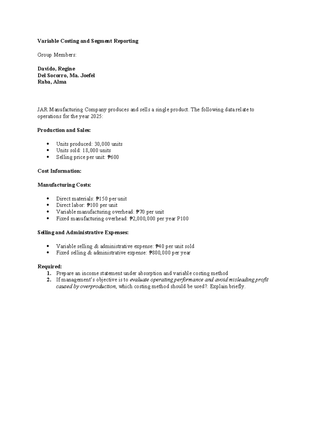Variable Costing & Segment Reporting Analysis for JAR Mfg Co. - Studocu