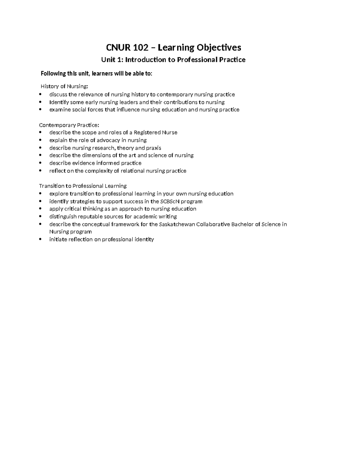 CNUR 102 - Unit 1 - Learning Objectives for Nursing Practice - Studocu