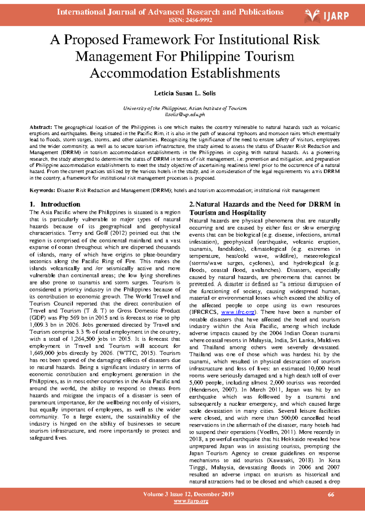 A Proposed Framework for Institutional Risk Management in PH Tourism ...