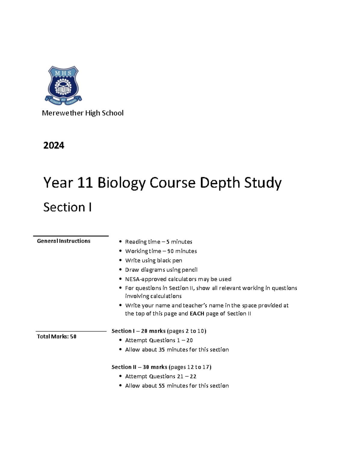 2024 Year 11 Biology Depth Study Test Instructions and Questions - Studocu