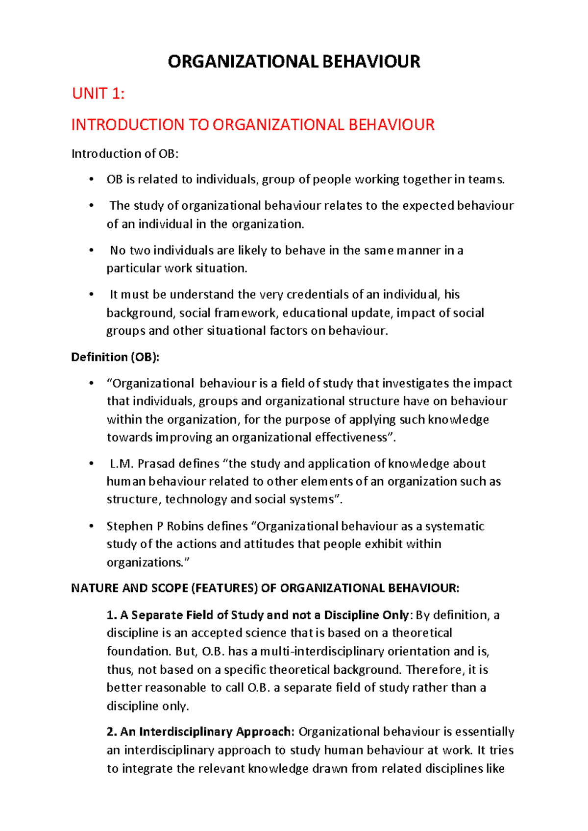 Organizational Behaviour (OB) Unit 1: Intro to Key Concepts and Scope ...