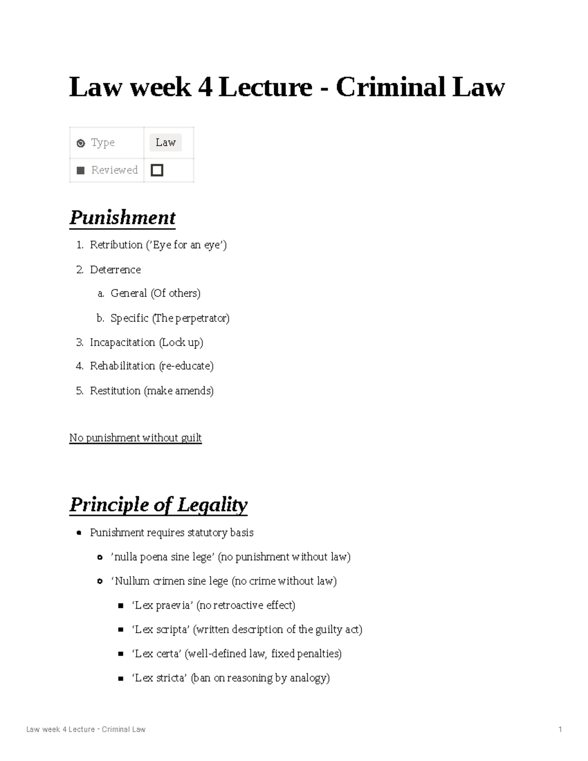 Law 101: Week 4 Lecture Notes on Criminal Law Principles and ...