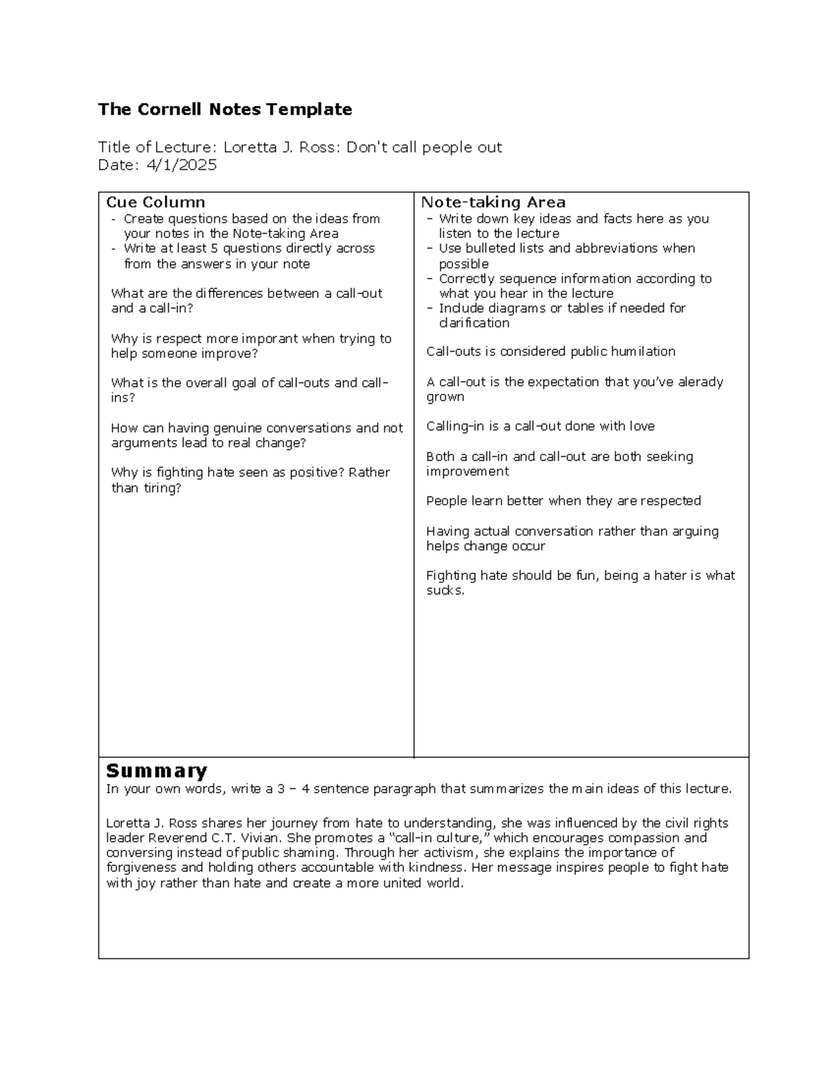 Cornell Notes On Lecture - The Cornell Notes Template Title of Lecture ...