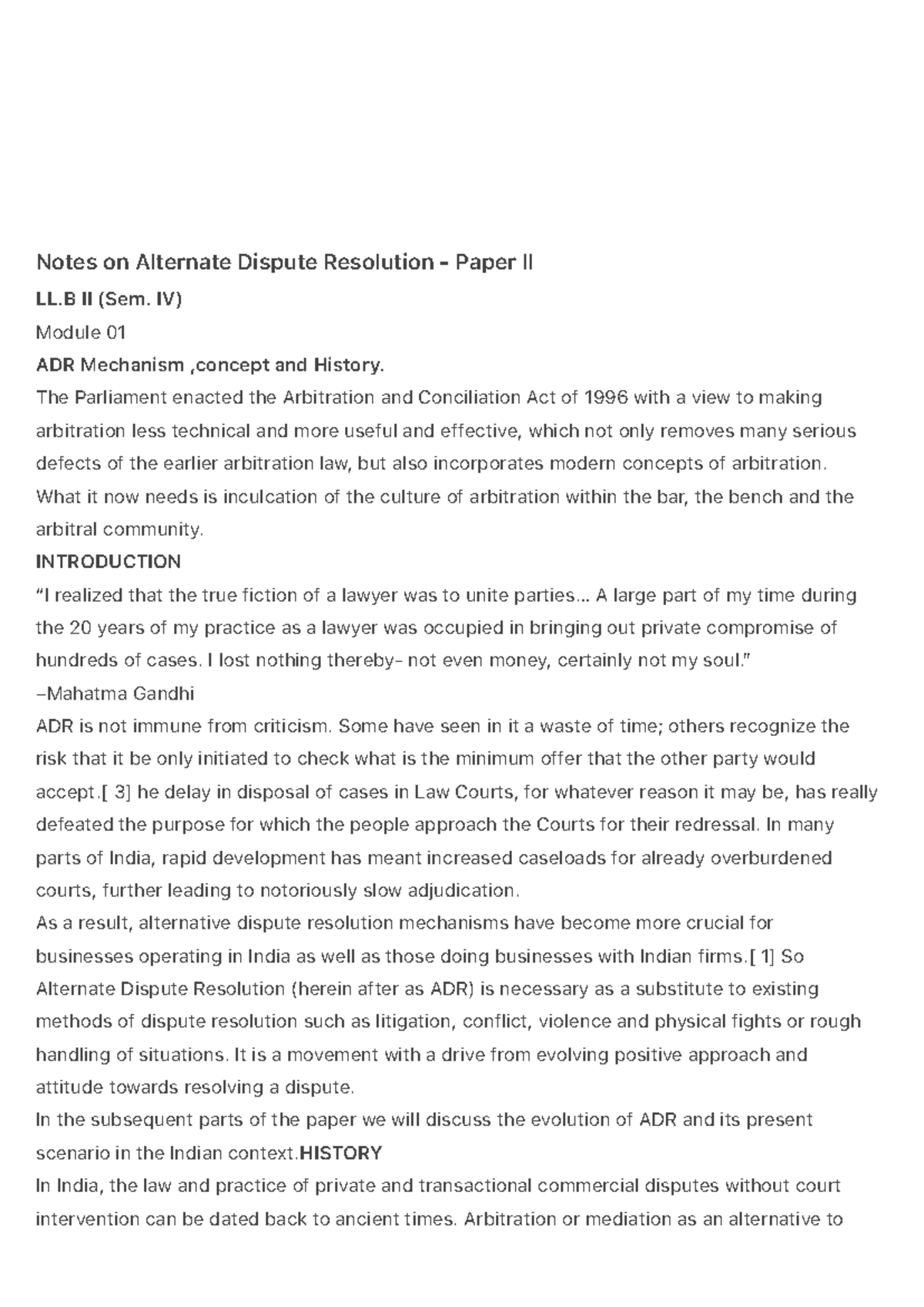 Notes on Alternate Dispute Resolution (ADR) - LL.B II (Sem. IV) - Studocu