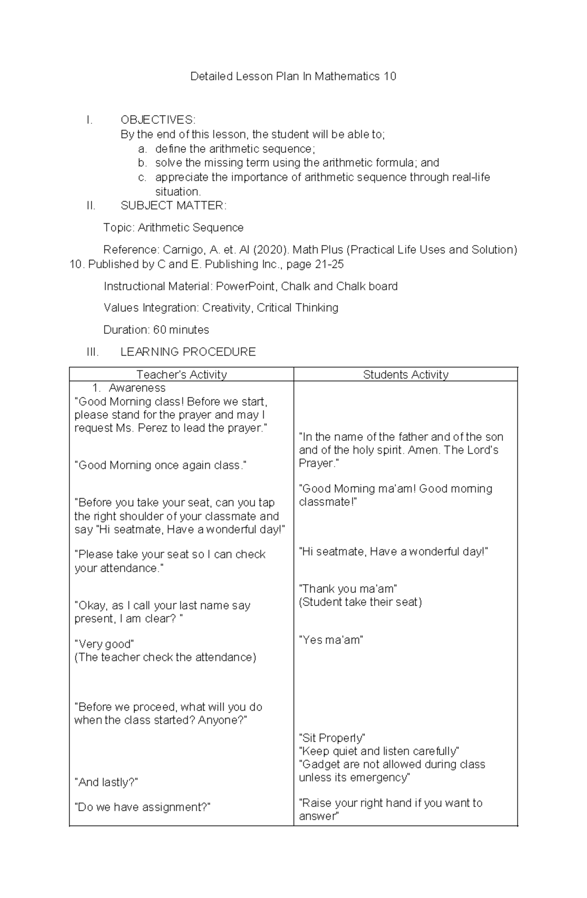 Detailed Lesson Plan In Mathematics - OBJECTIVES: By the end of this ...