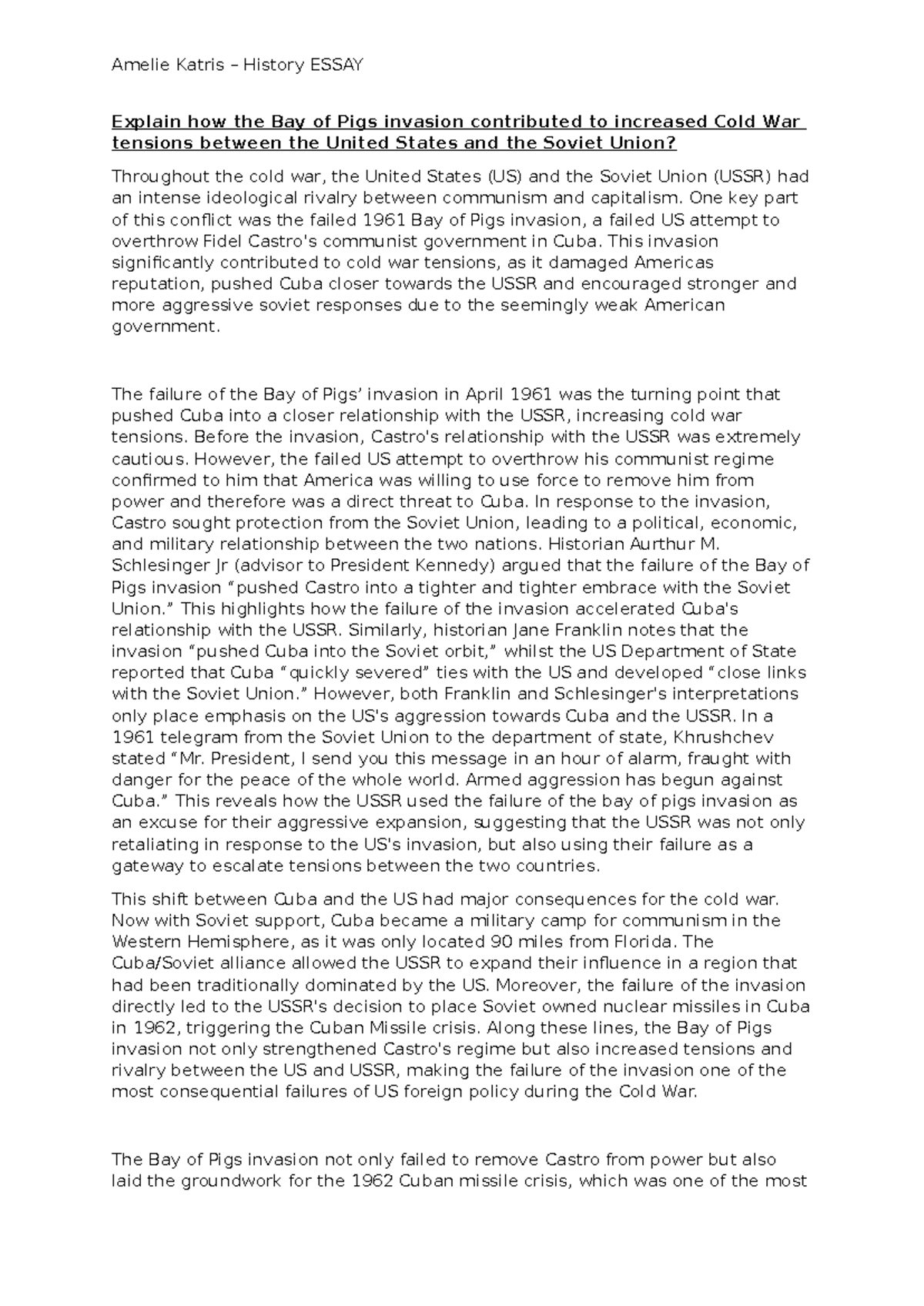 History Essay Final: The Bay of Pigs Invasion and Cold War Tensions ...