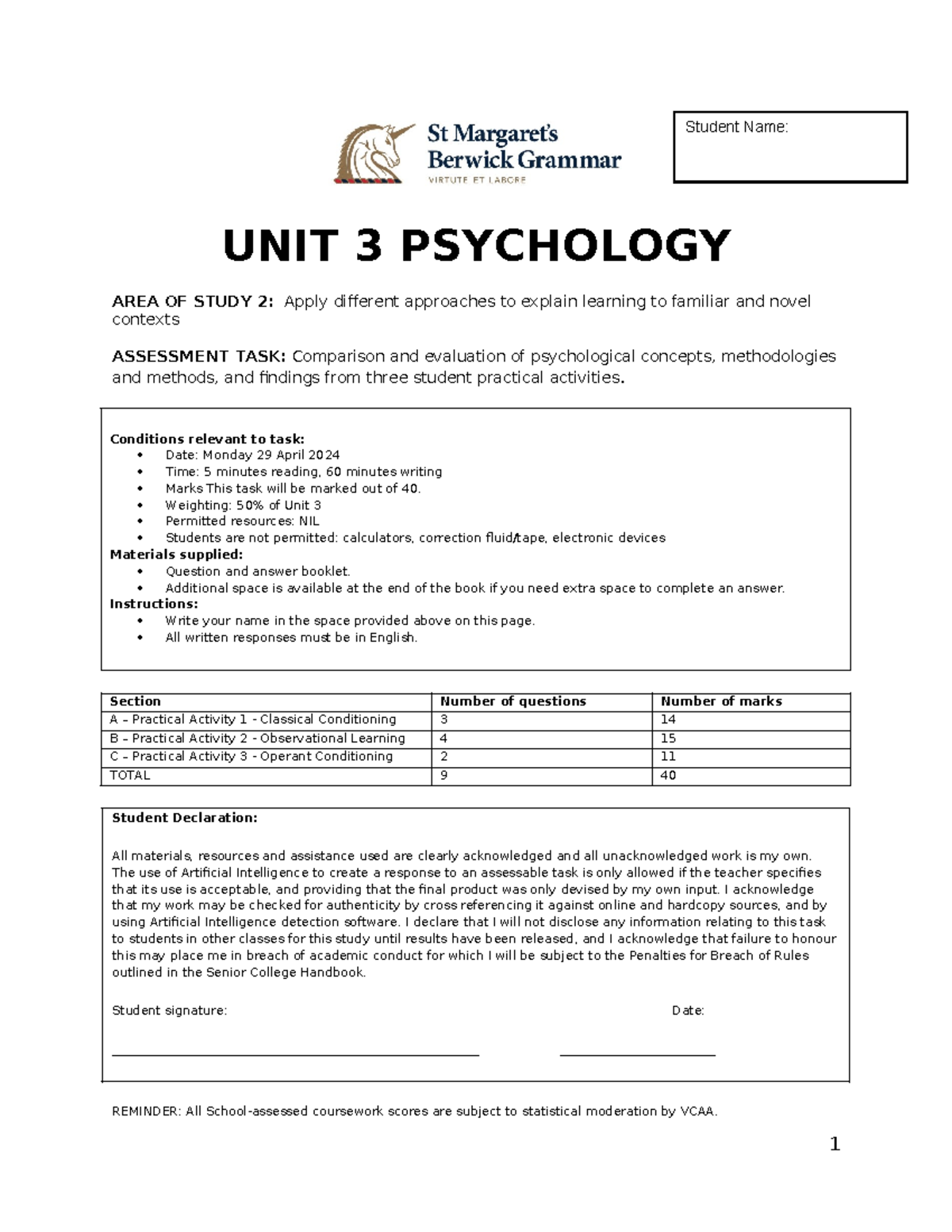 Unit 3 PSYCHOLOGY AOS2 SAC: Practical Activity Analysis and Evaluation ...