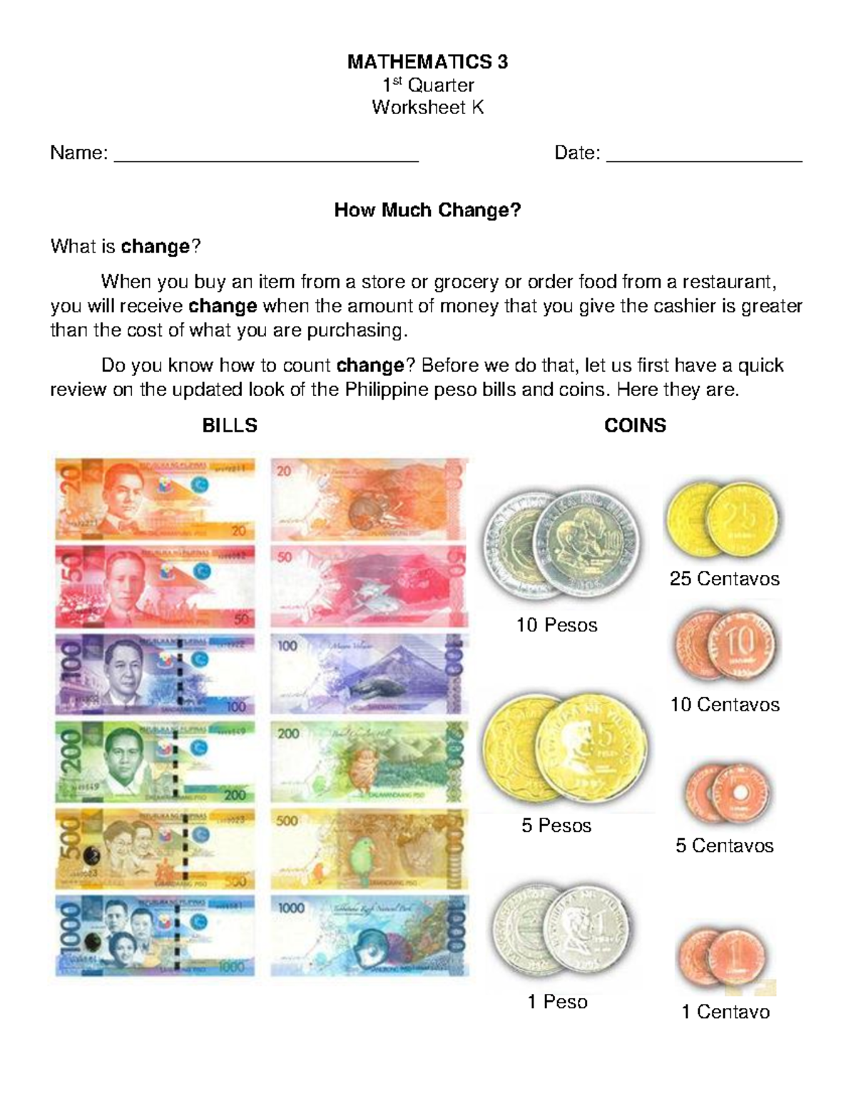 Peso Bills Worksheet