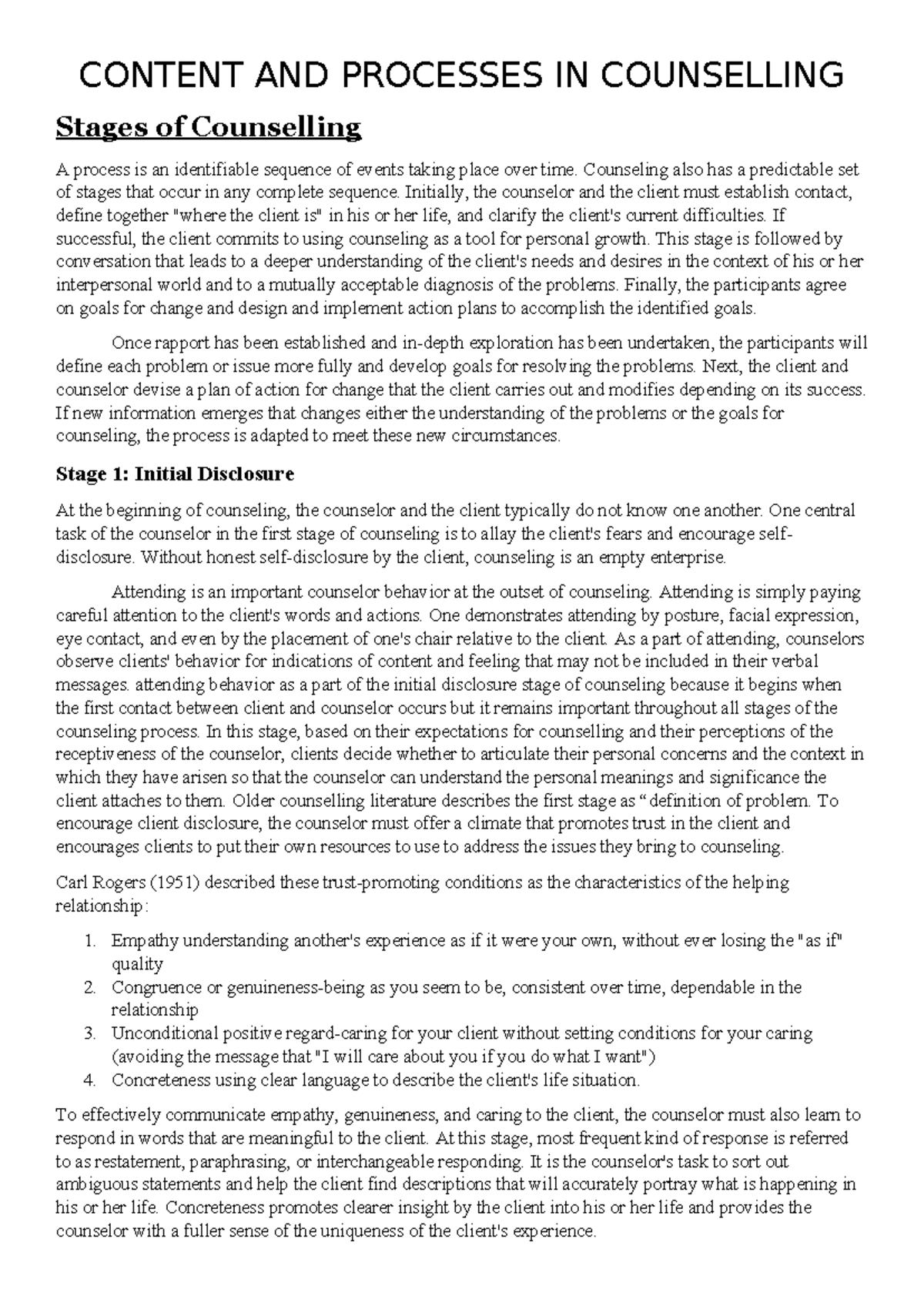 CONTENT AND PROCESSES IN COUNSELLING: Stages and Techniques - Studocu