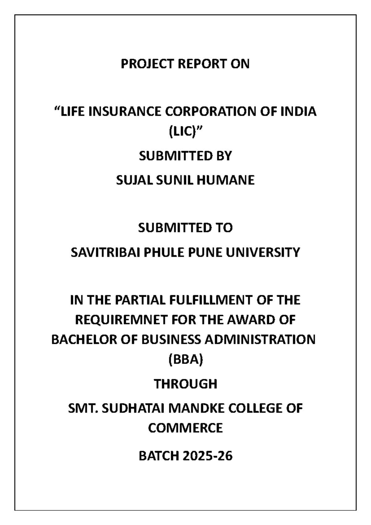BBA Project Report: Analysis of Life Insurance Corporation of India ...