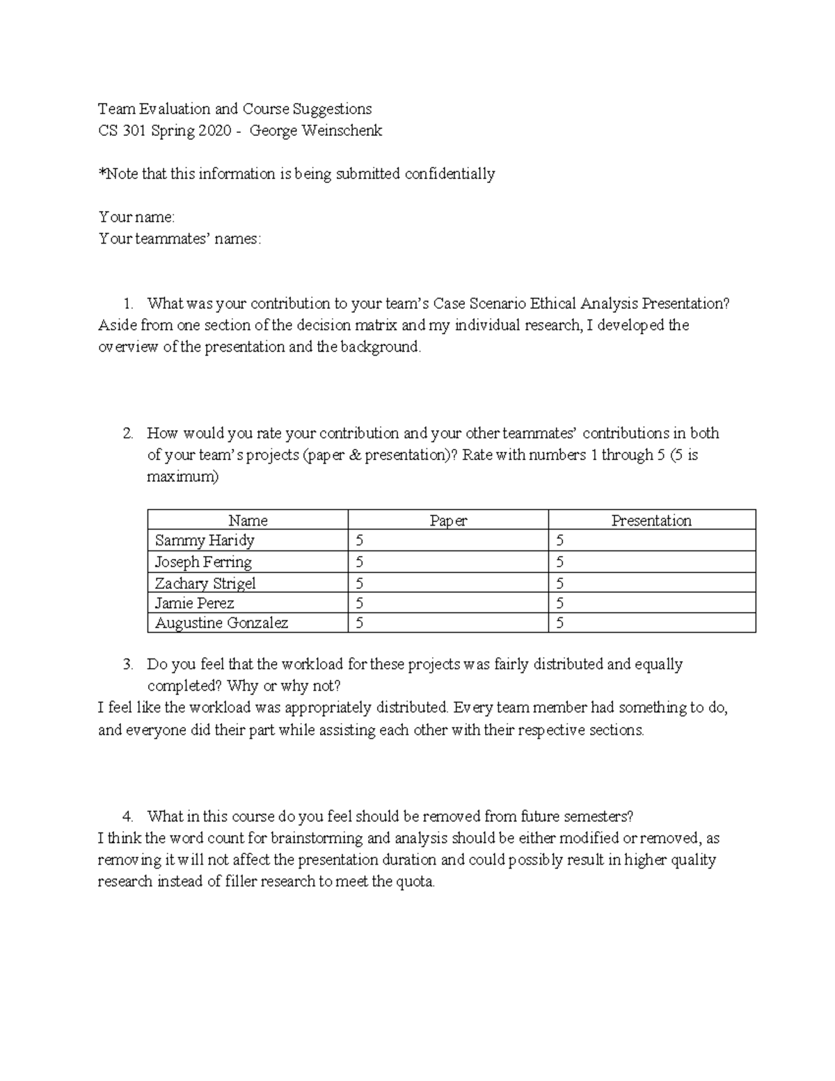 Individual Team Evaluation 3 Form and Course Suggestions - Team ...