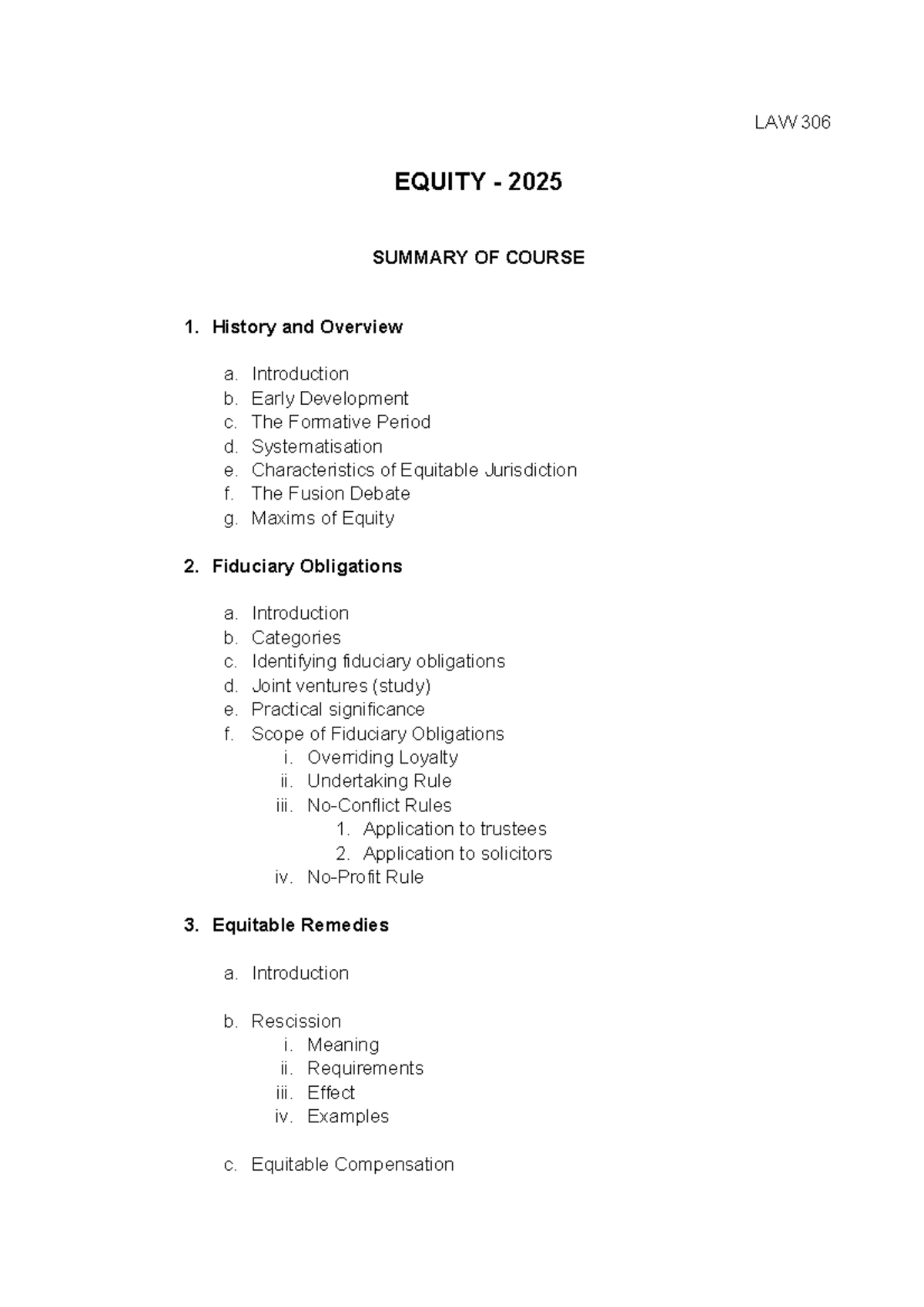 LAW 306 EQUITY 2025 - Comprehensive Course Summary - Studocu