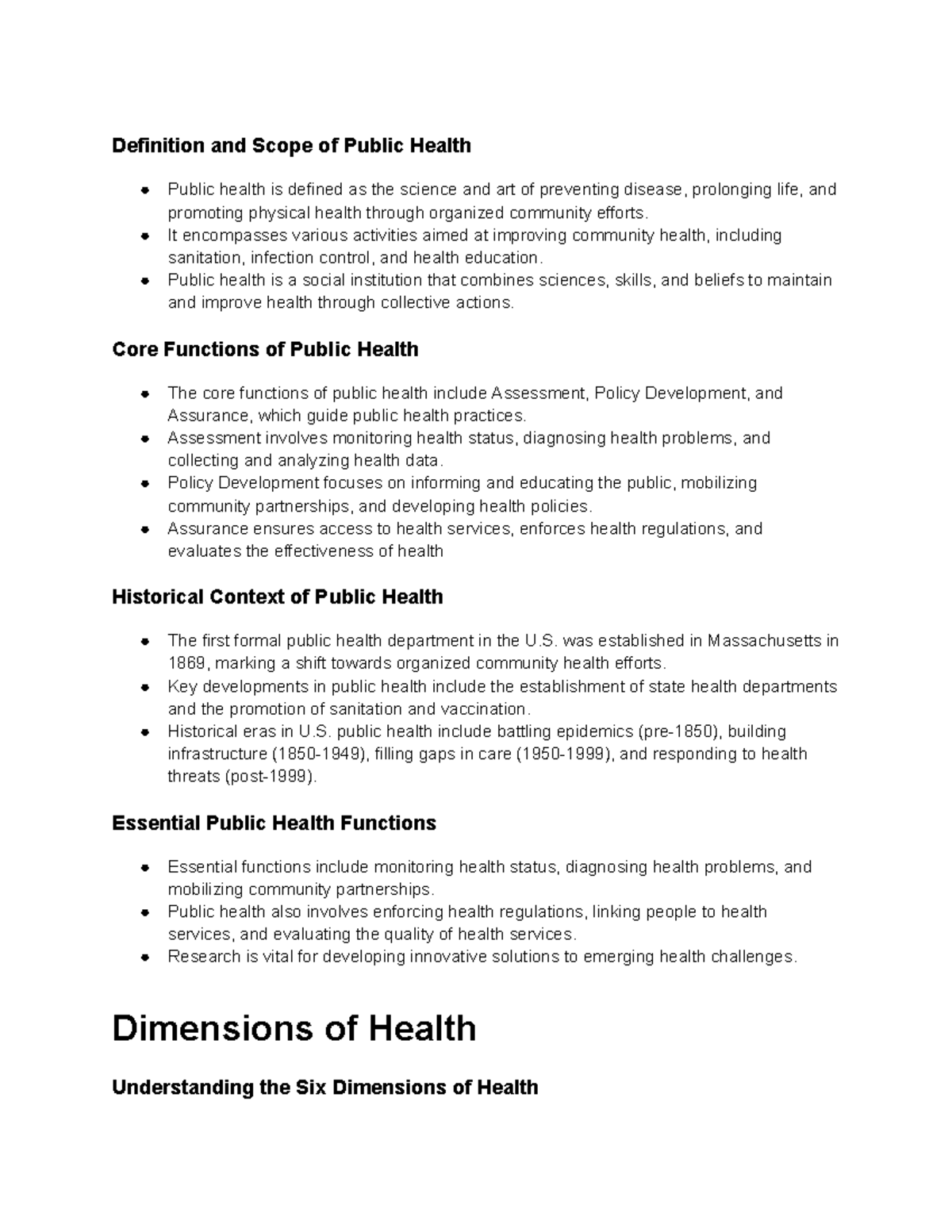 Public Health Overview: Core Functions & Dimensions of Health - Studocu