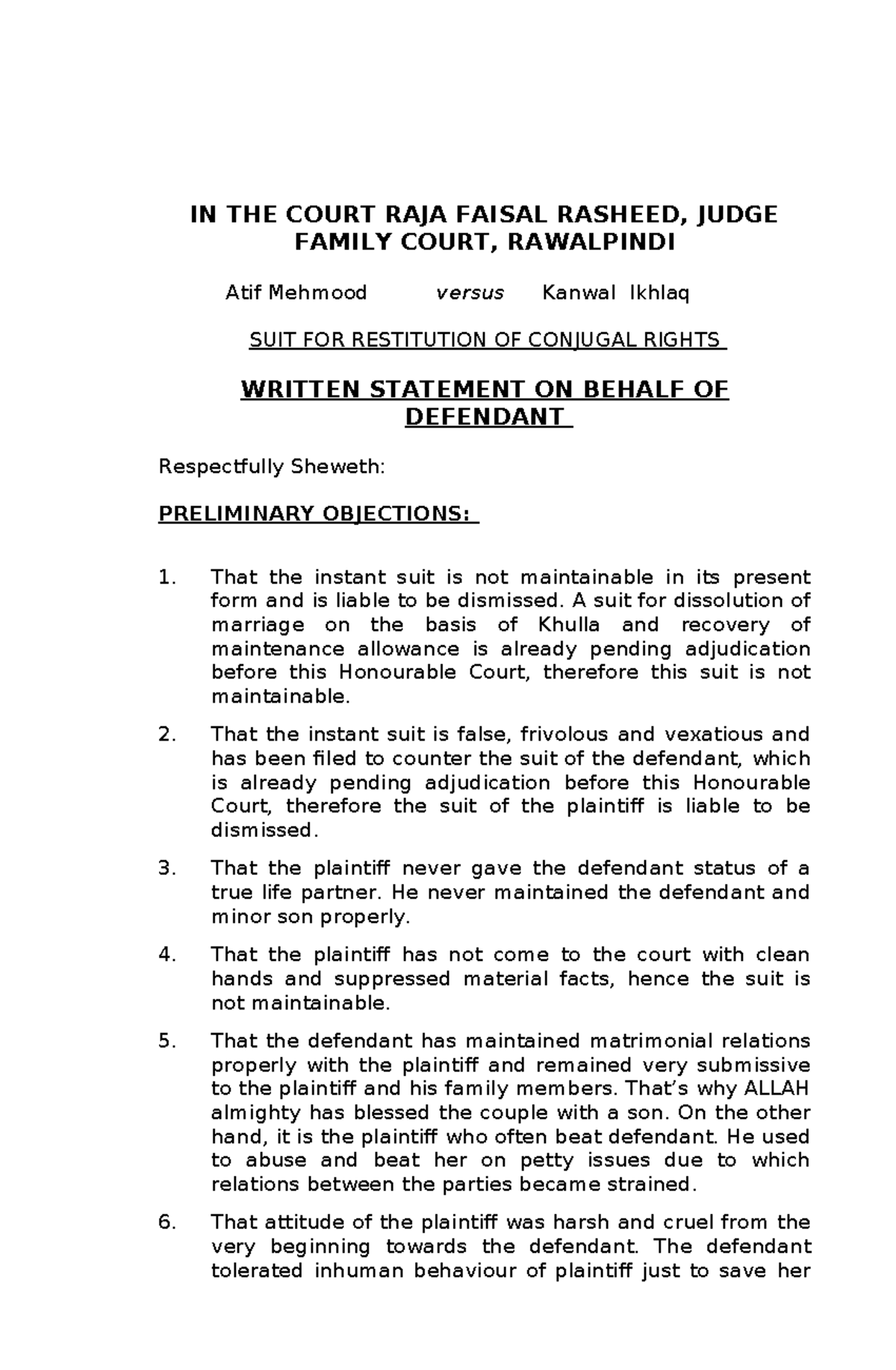 Atif Mehmood vs Kanwal Ikhlaq: Written Statement for Restitution of ...