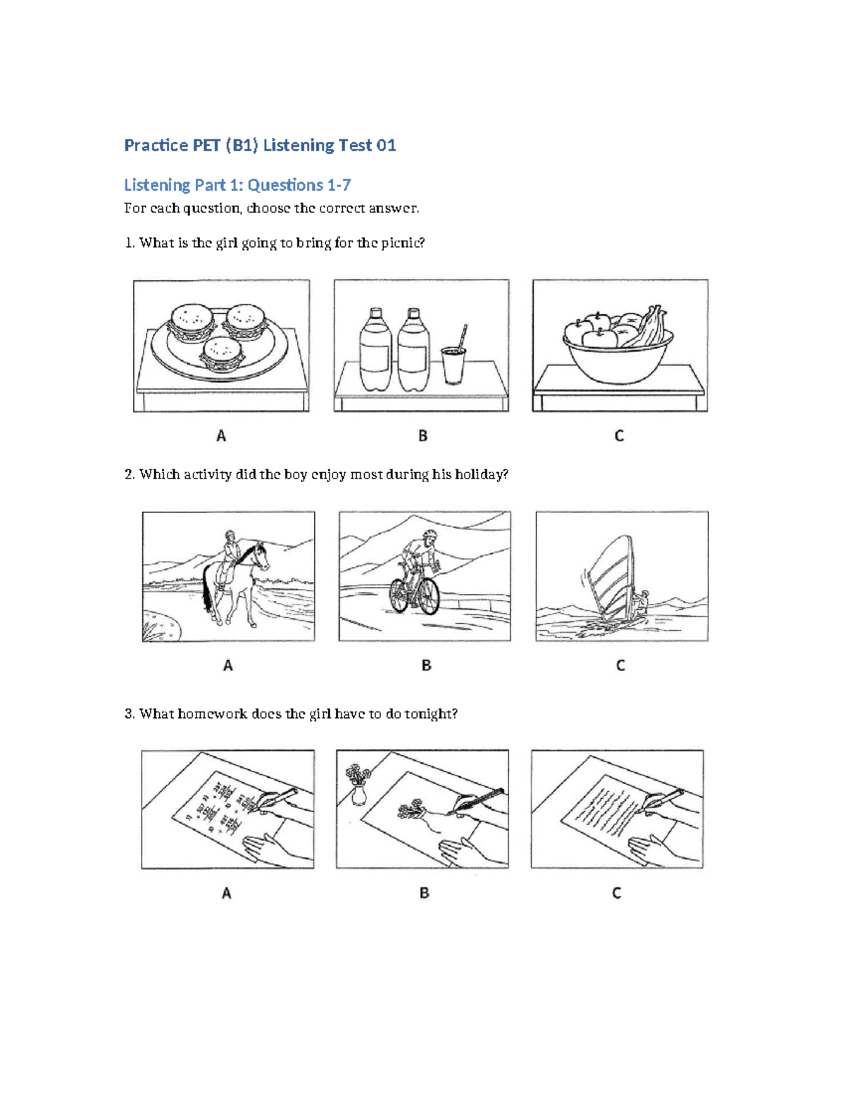 PET B1 Listening Test 01: Practice Questions and Answers - Studocu
