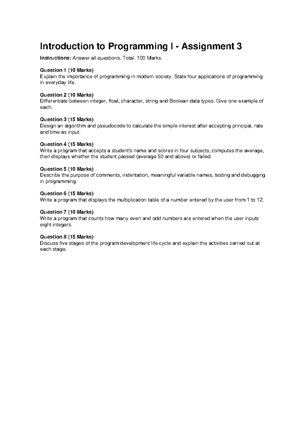 Introduction to Programming I: Assignment 3 Guidelines and Questions ...