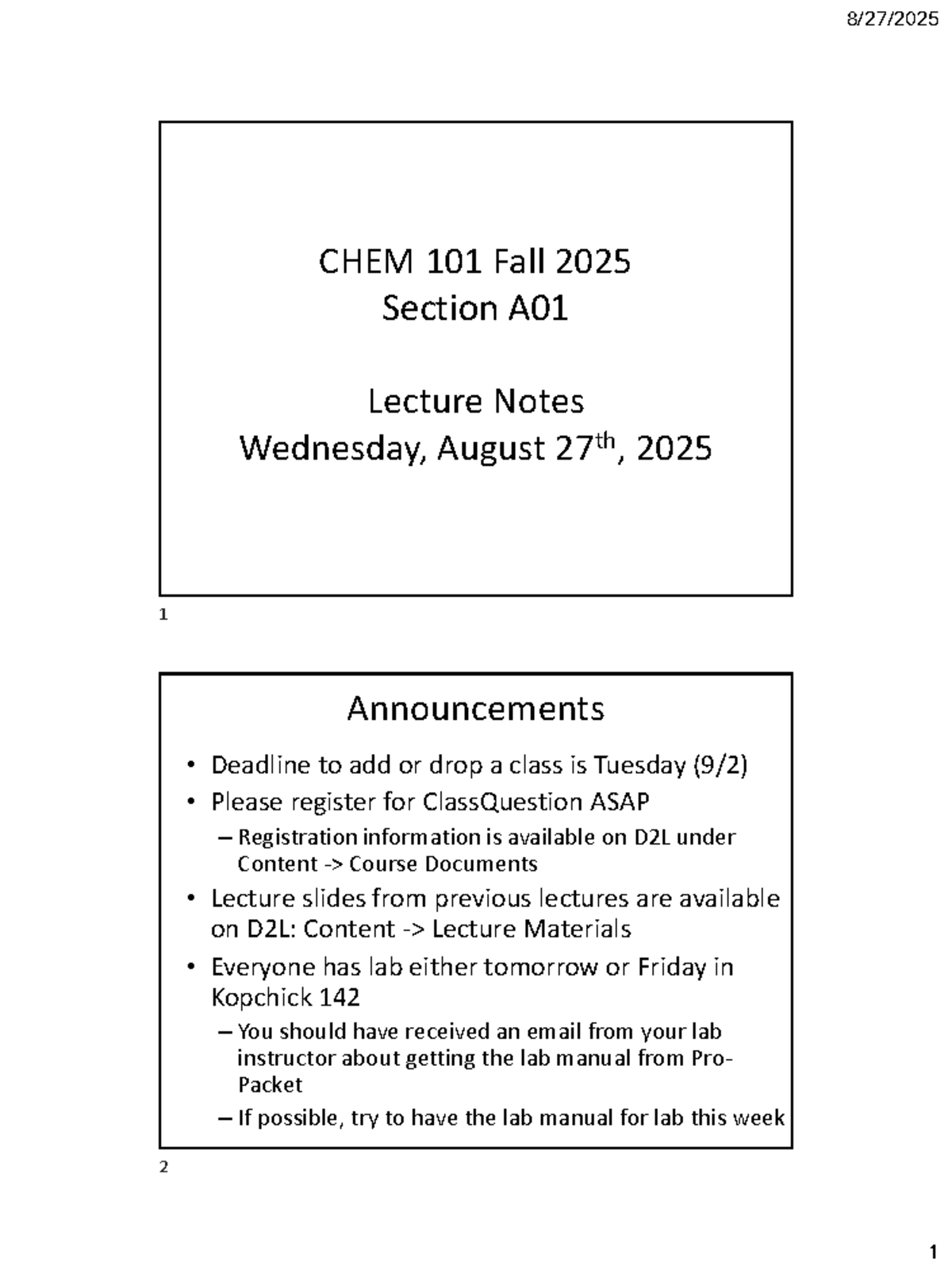CHEM 101 Fall 2025 Lecture Notes: Chapter 1 Overview - Studocu