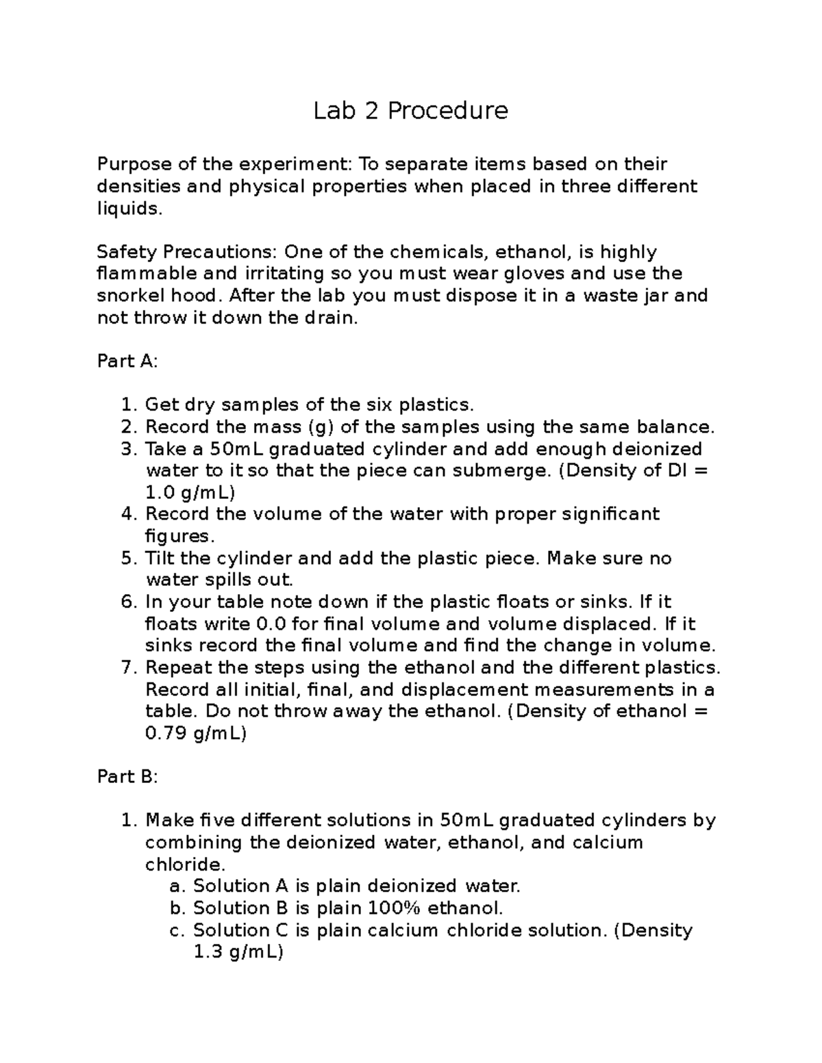 Lab 2 Procedure: Density Separation Experiment Instructions - Studocu