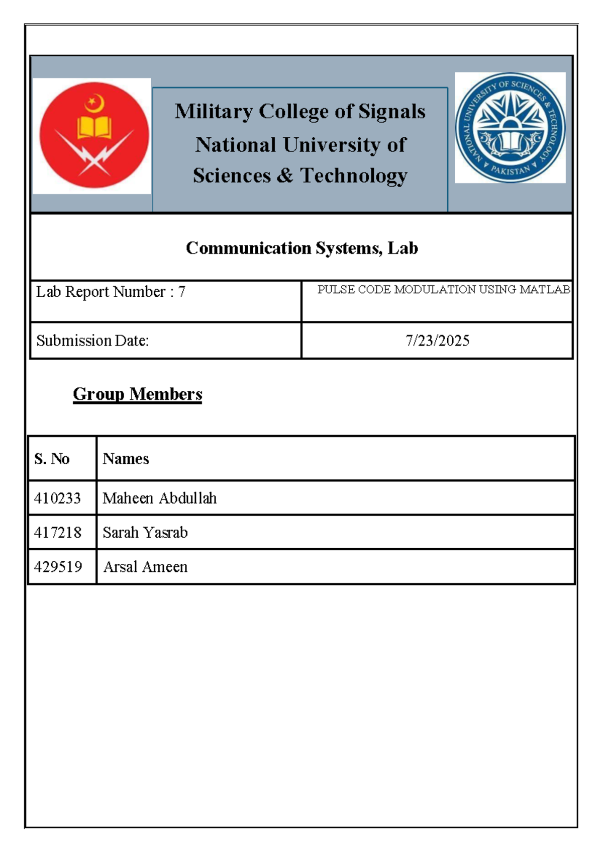 CS Lab 7 - Pulse Code Modulation (PCM) Using MATLAB - Studocu