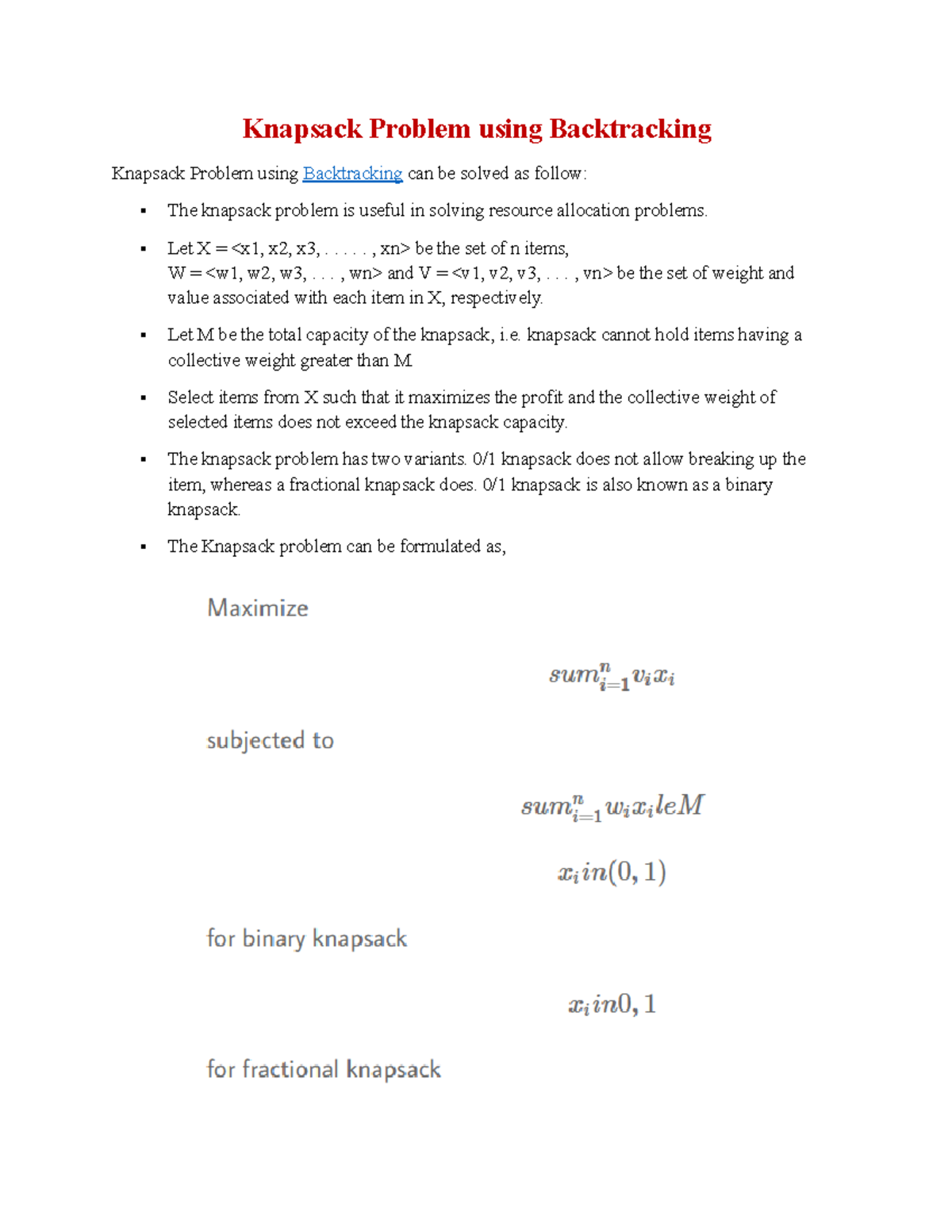 Backtracking Approach to the Knapsack Problem (CS101) - Studocu