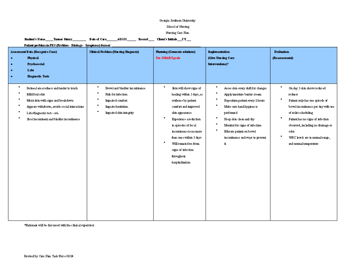 Nursing Care Plan for Patient Issues in PES Format - Georgia Southern ...