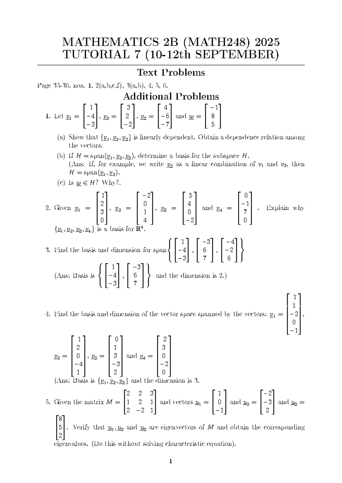 MATHEMATICS 2B (MATH248) TUTORIAL 7: LINEAR DEPENDENCE & BASIS - Studocu