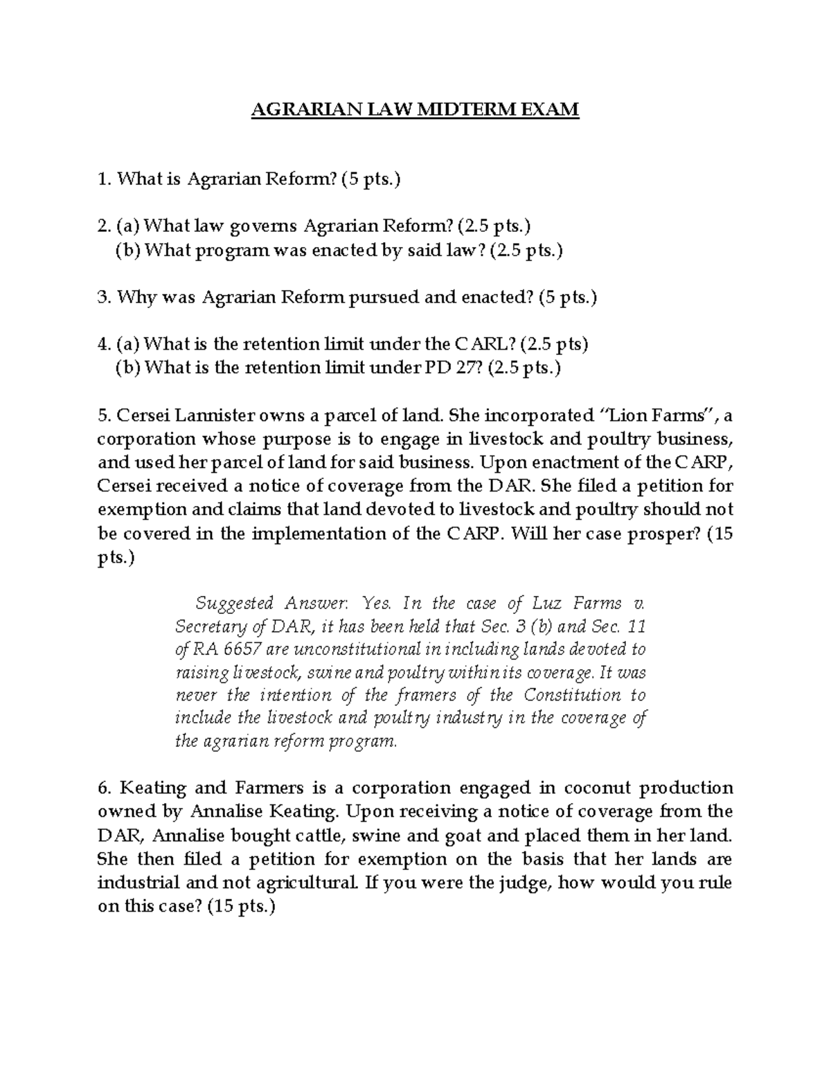 Agrarian Law Midterm Exam - Key Concepts and Sample Questions - Studocu