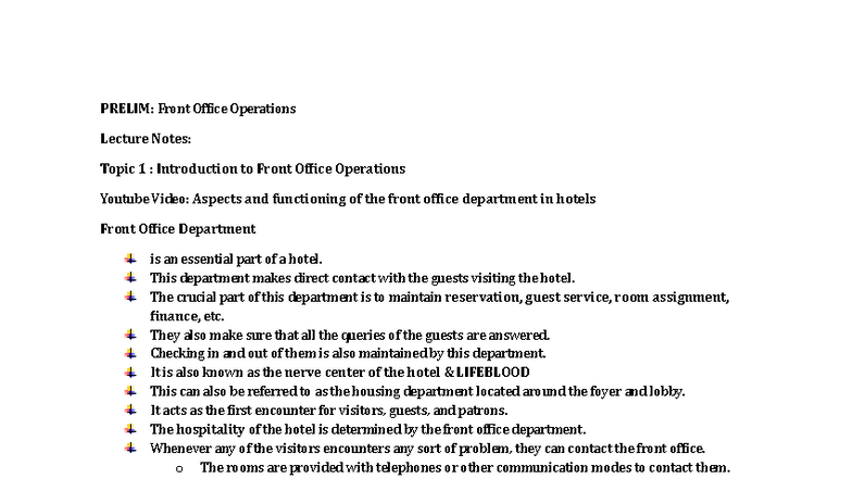 Prelim Front Office Operations - PRELIM: Front Office Operations ...