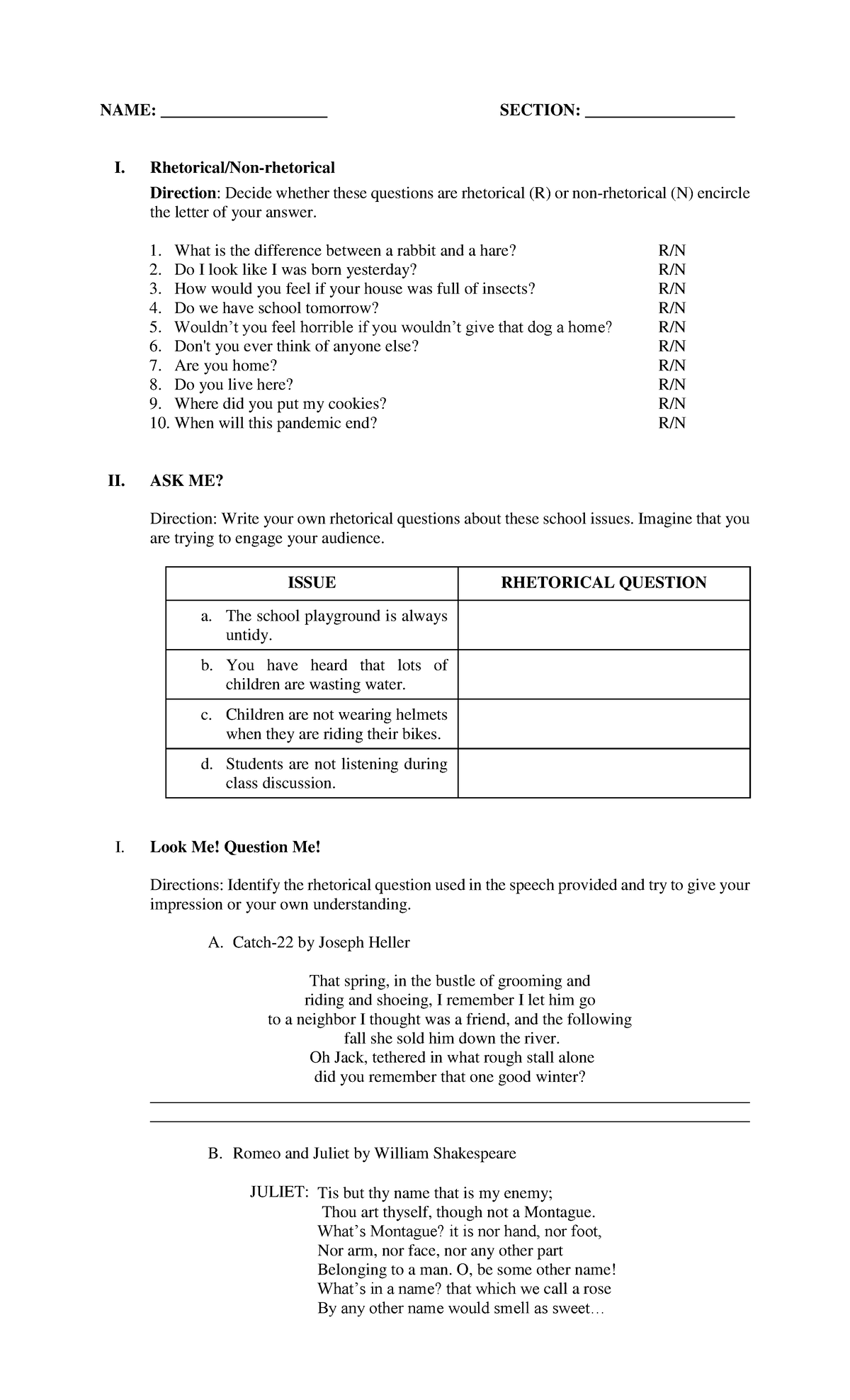Rhetorical Quiz: Assessing Rhetorical vs Non-Rhetorical Questions - Studocu