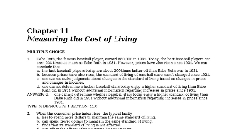 Chapter 11: Measuring the Cost of Living - Study Guide and MCQs - Studocu