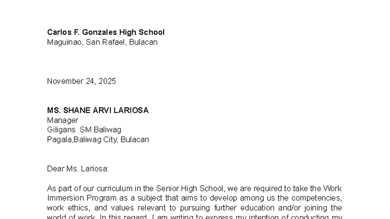 Cover letter Individual - Maguinao, San Rafael, Bulacan November 2 4 ...
