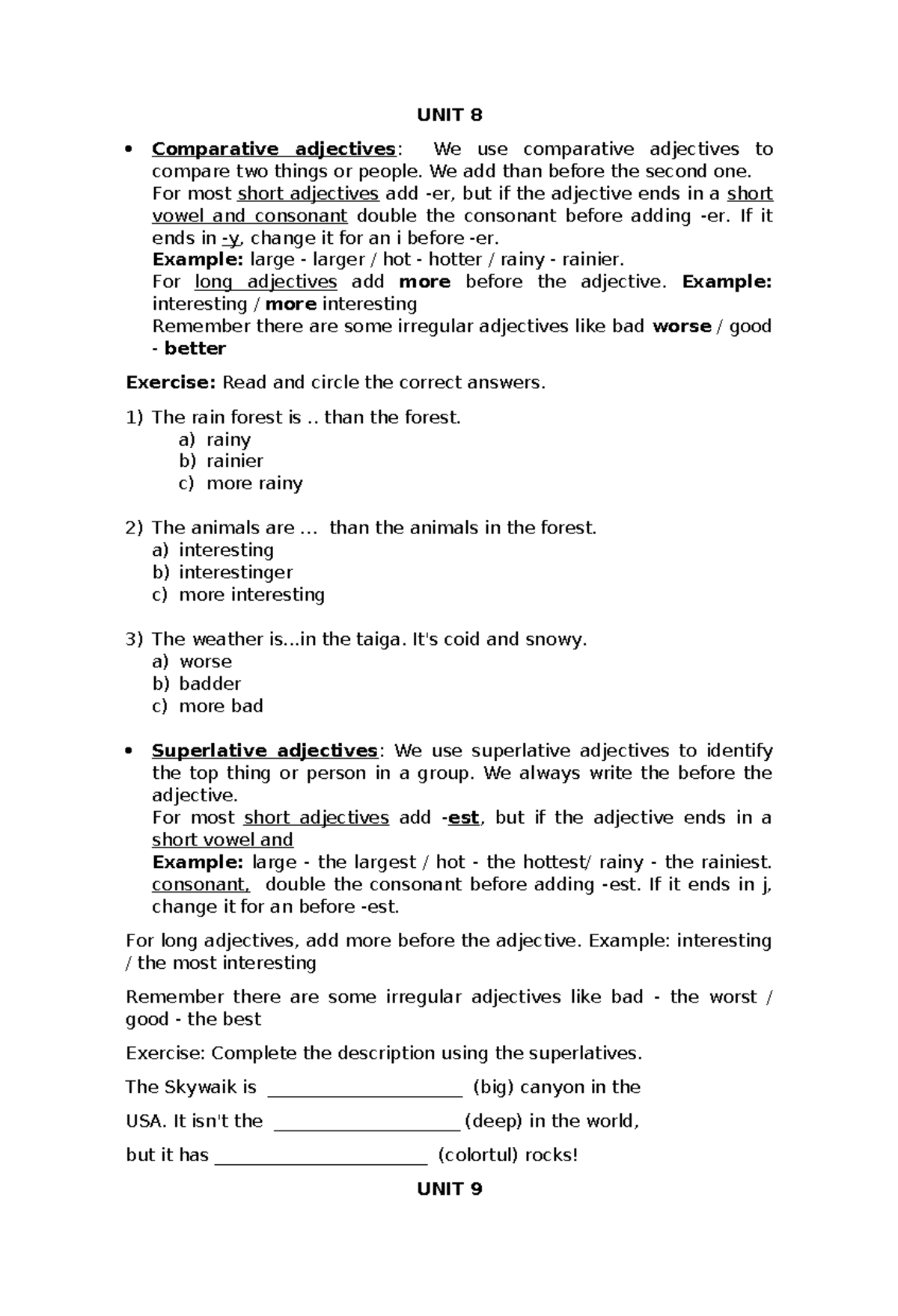UNIT 8 - Comparative and Superlative Adjectives Notes - Studocu