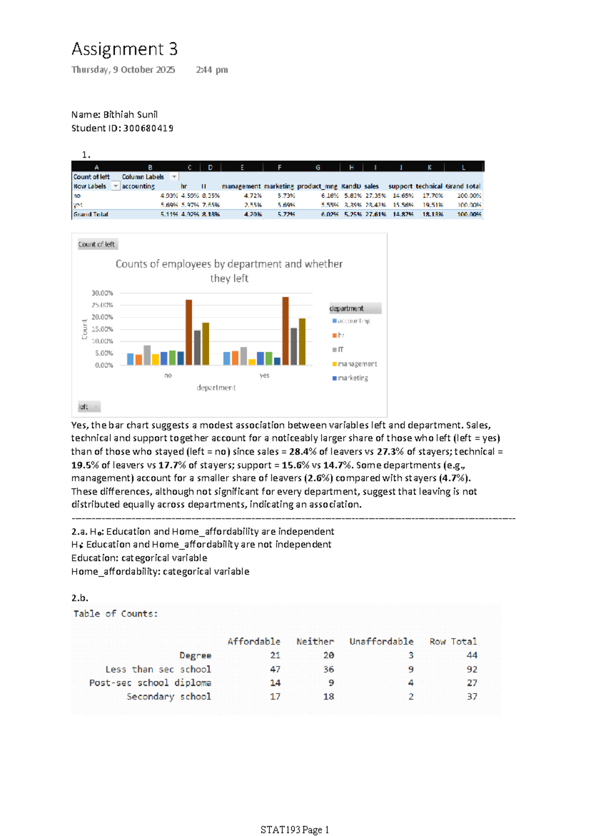 STAT193 Assignment 3 Analysis of Variables and Hypothesis Testing - Studocu