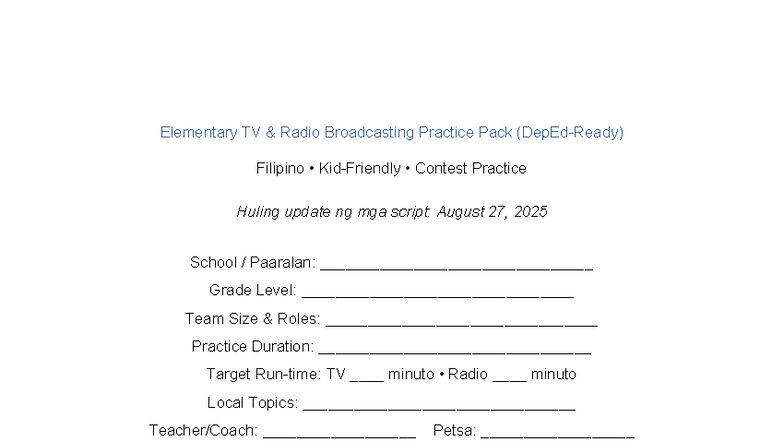 Elementary TV & Radio Broadcasting Practice Pack (DepEd-Ready) - Studocu