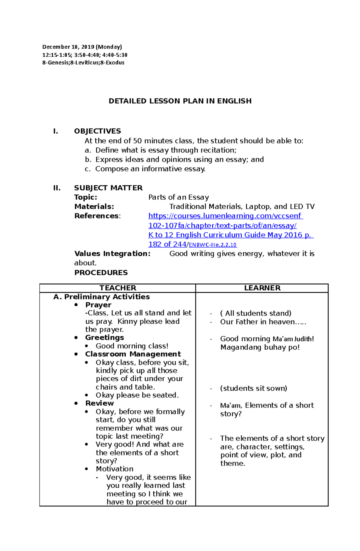 EN8WC-Lesson Plan: Teaching Essay Composition and Structure - Studocu