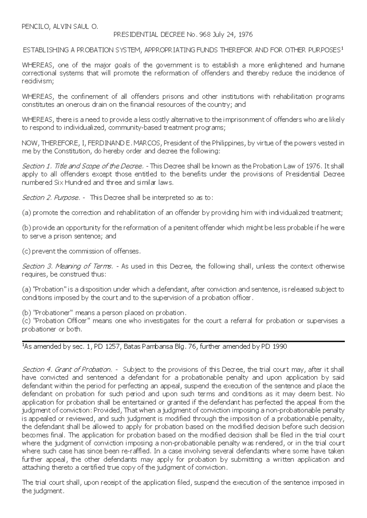 Presidential Decree No. 968: Establishing a Probation System - Studocu