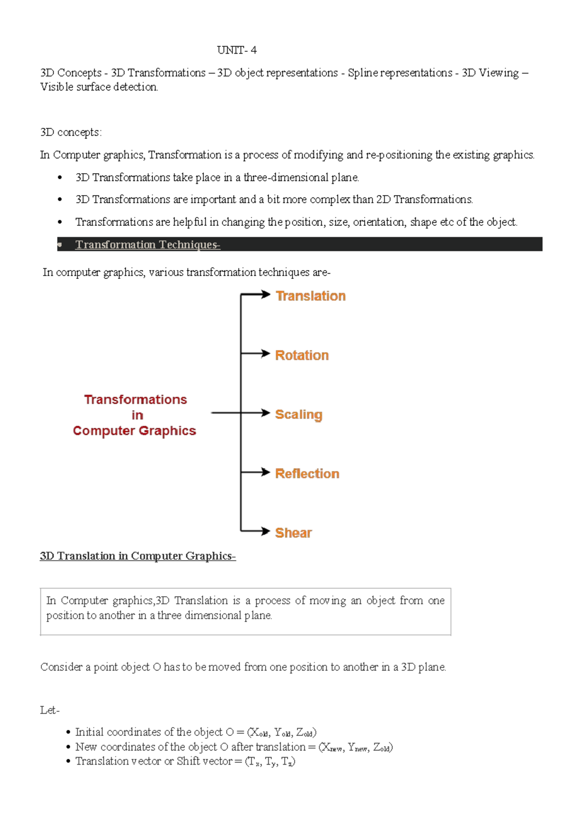 UNIT IV CG Notes - UNIT- 4 3D Concepts - 3D Transformations – 3D object ...