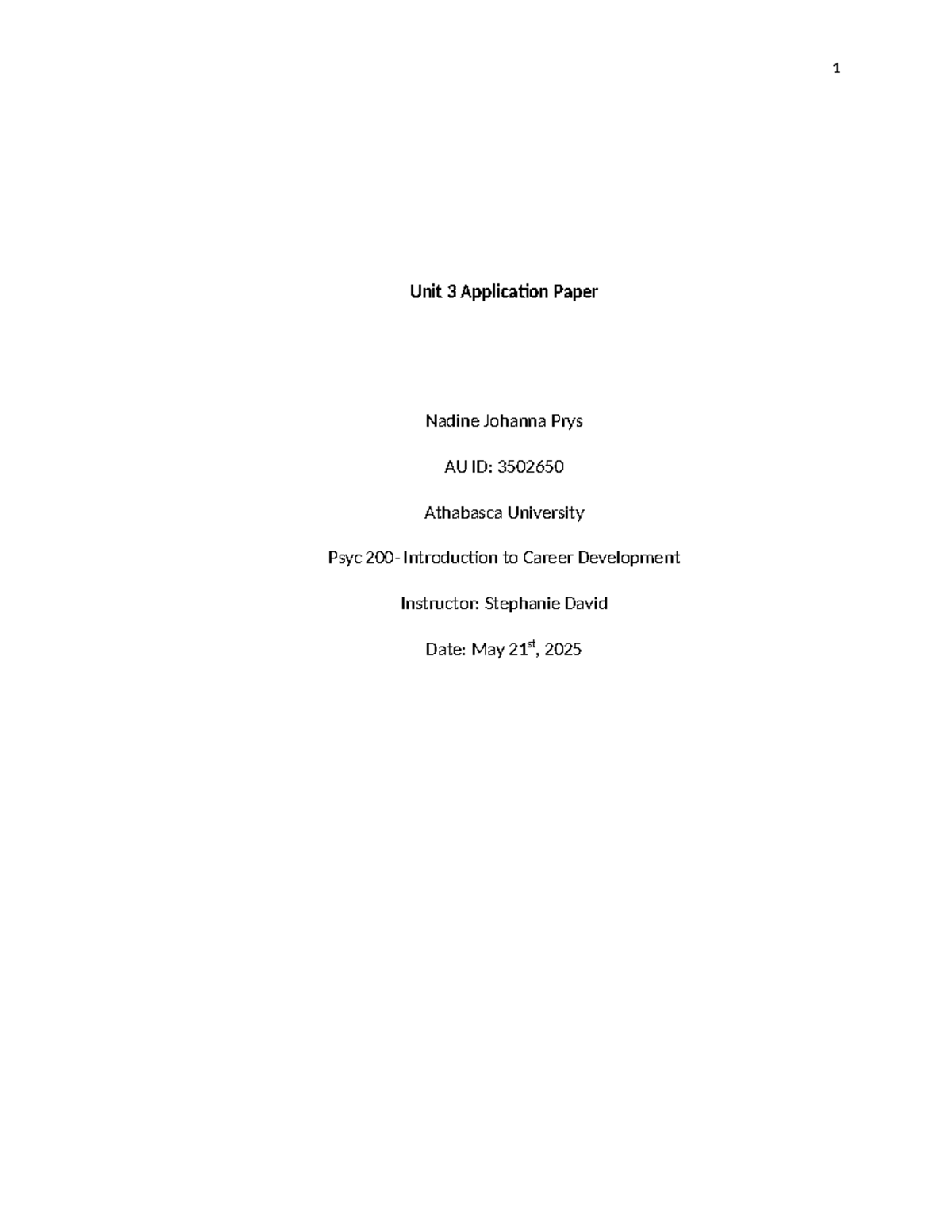 Psyc 101 Unit 3 Application Paper: Career Development Insights - Studocu